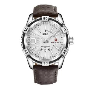Naviforce NF9117 – Coffee PU Leather Analog Watch for Men – Silver & Coffee