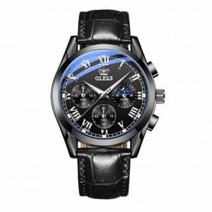 Olevs 2871 Leather Quartz Watch for Men - Black
