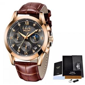 LIGE Original Watch for Men Leather and Chronograph Black Dial